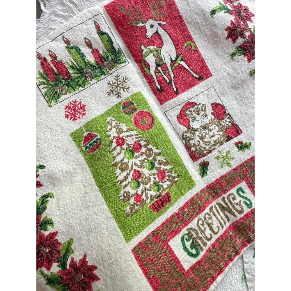 2 Vintage Stamped Linen Christmas Tea Towels Santa Reindeer Tree Greetings Music
